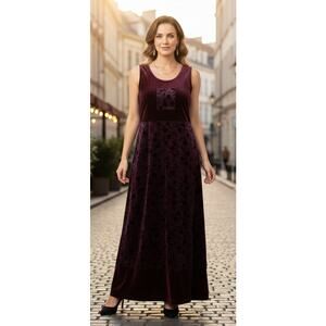 Vintage Wine Purple Velvet Floral Accent Sleeveless Long Maxi Dress Women Large